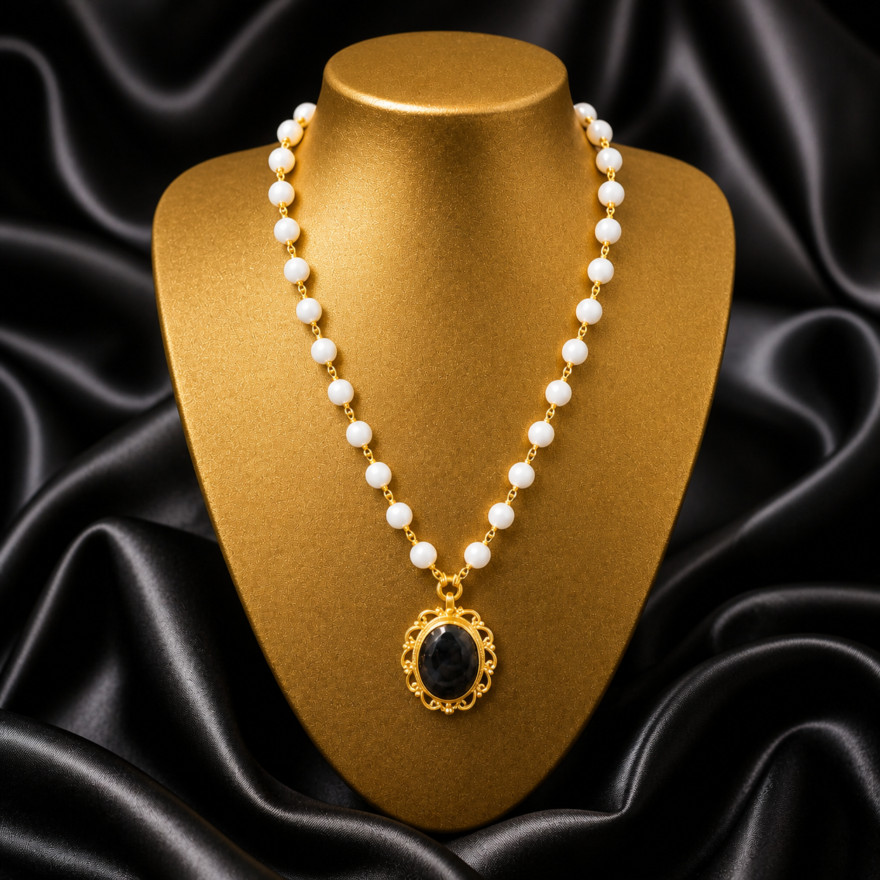 White Quartz with Black Tourmaline Antique Necklace 925 Silver