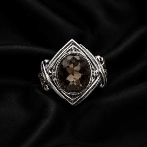 Smoky Quartz Geometric Silver Ring – Handcrafted Statement Ring